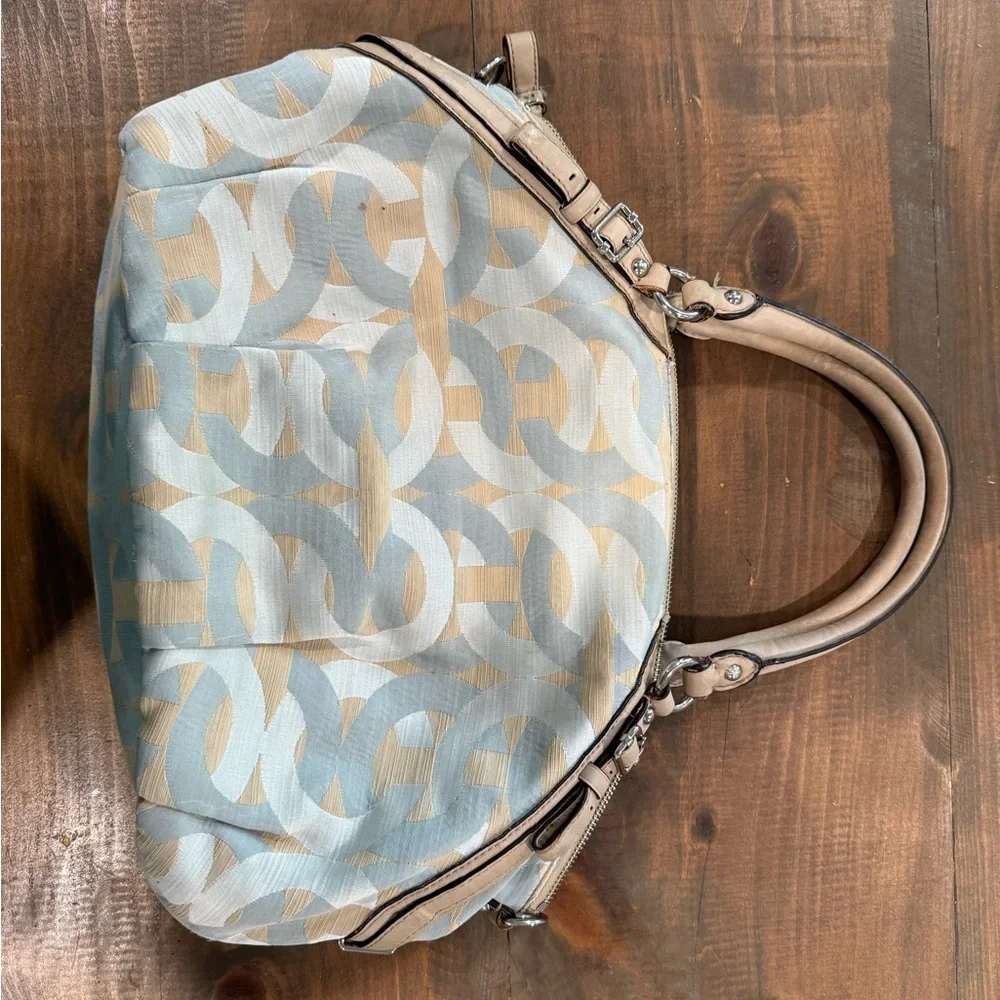 COACH MADISON SATCHEL Blue Cream Signature C Fabric Leather Trim Handbag Purse - Picture 4 of 14